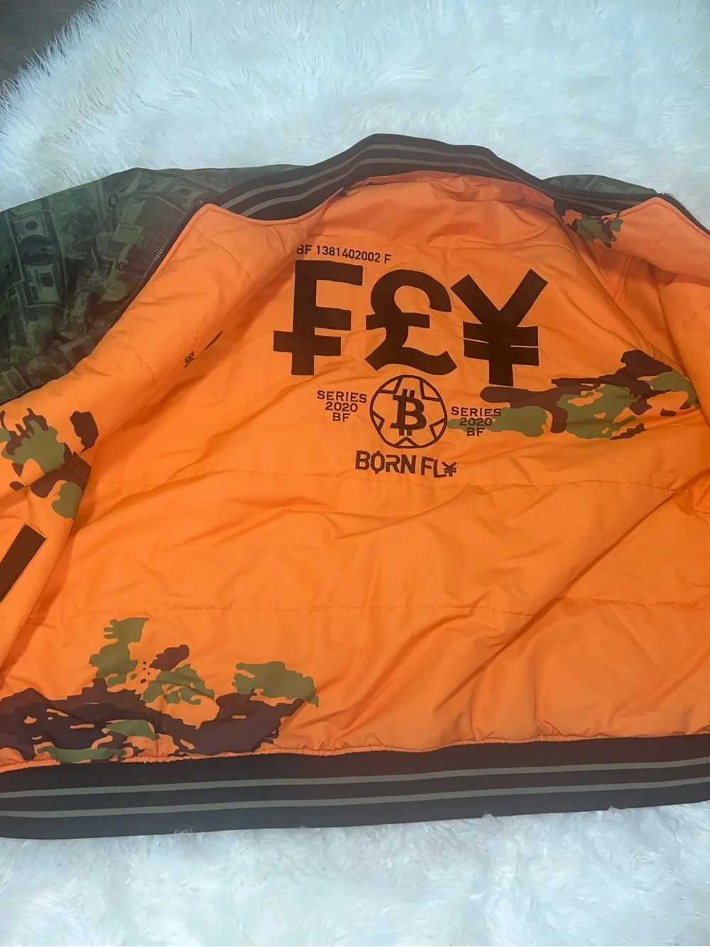 5XL Men’s Green Money-Print Bomber Jacket with Orange Lining